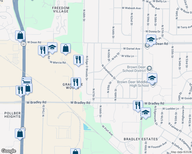 map of restaurants, bars, coffee shops, grocery stores, and more near 8187 North 67th Street in Brown Deer