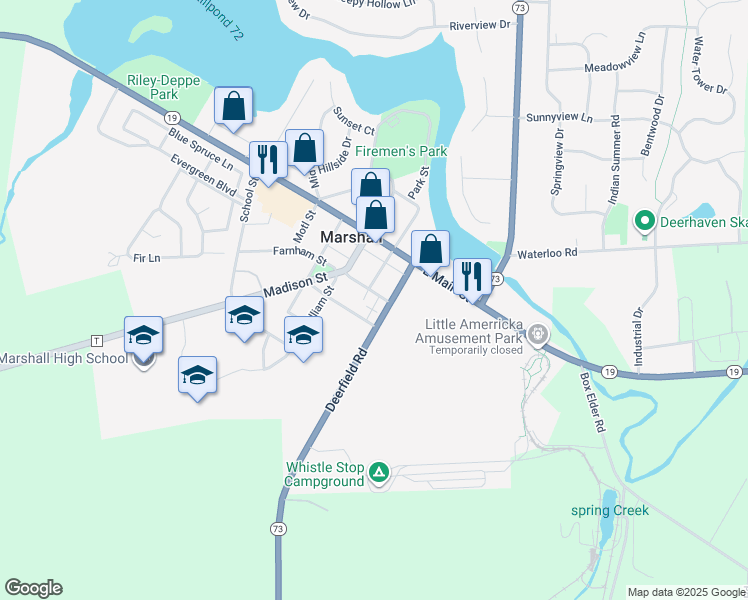 map of restaurants, bars, coffee shops, grocery stores, and more near 127 South Beebe Street in Marshall