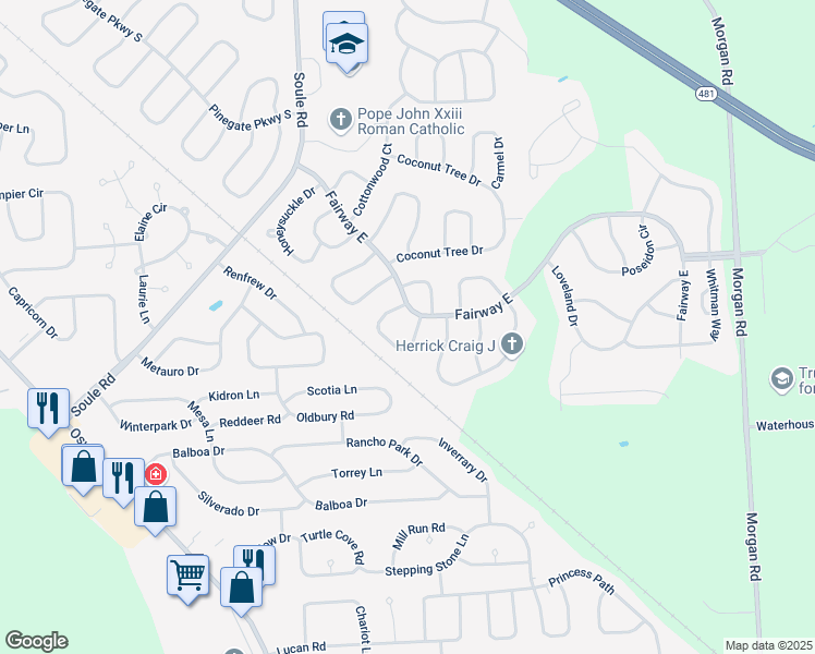 map of restaurants, bars, coffee shops, grocery stores, and more near 4225 Mayfair Circle in Liverpool