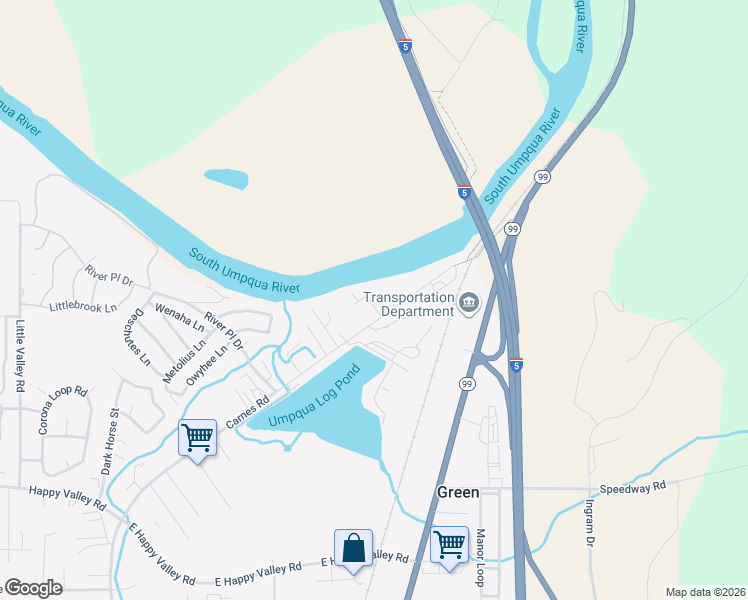map of restaurants, bars, coffee shops, grocery stores, and more near 183 Paradise Lane in Roseburg