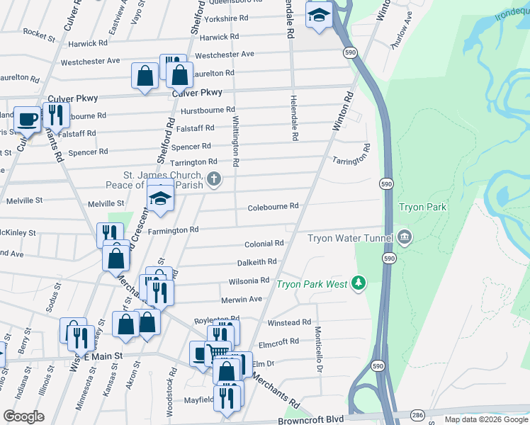 map of restaurants, bars, coffee shops, grocery stores, and more near 219 Brett Road in Rochester