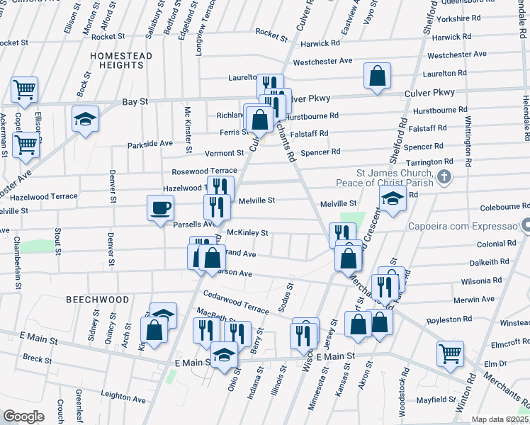 map of restaurants, bars, coffee shops, grocery stores, and more near 610 Melville Street in Rochester