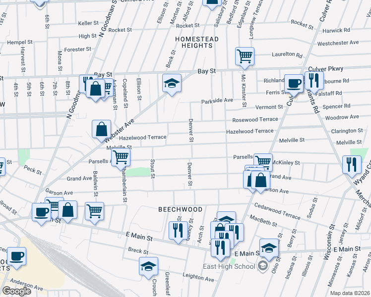 map of restaurants, bars, coffee shops, grocery stores, and more near 290 Melville Street in Rochester