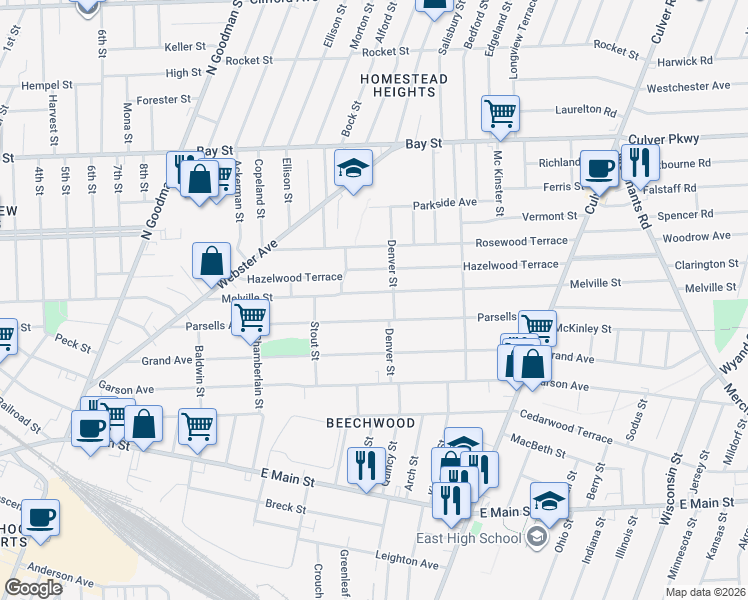 map of restaurants, bars, coffee shops, grocery stores, and more near 189 Hazelwood Terrace in Rochester
