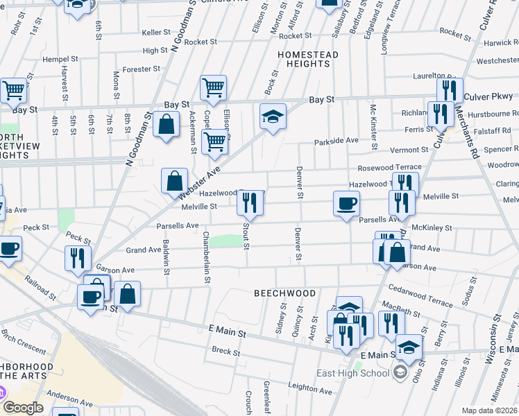 map of restaurants, bars, coffee shops, grocery stores, and more near 141 Hazelwood Terrace in Rochester