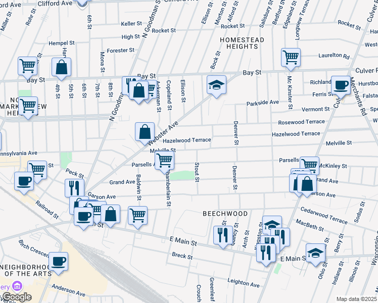 map of restaurants, bars, coffee shops, grocery stores, and more near 81 Hazelwood Terrace in Rochester