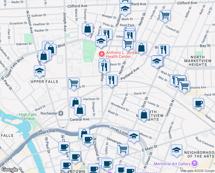 map of restaurants, bars, coffee shops, grocery stores, and more near 180 Hudson Avenue in Rochester