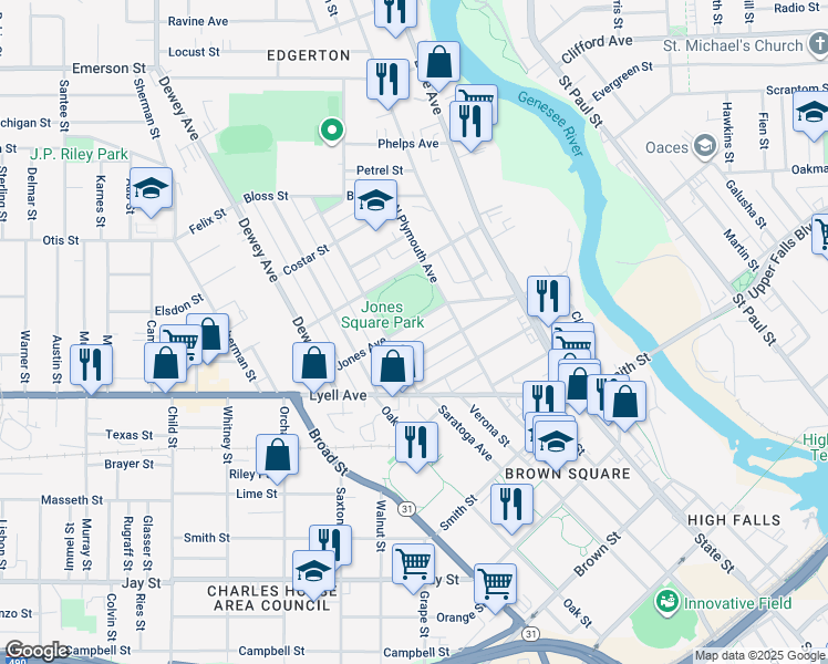 map of restaurants, bars, coffee shops, grocery stores, and more near 130 Saratoga Avenue in Rochester