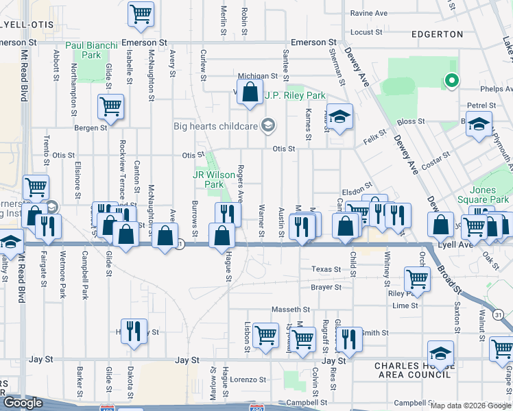map of restaurants, bars, coffee shops, grocery stores, and more near 112 Warner Street in Rochester