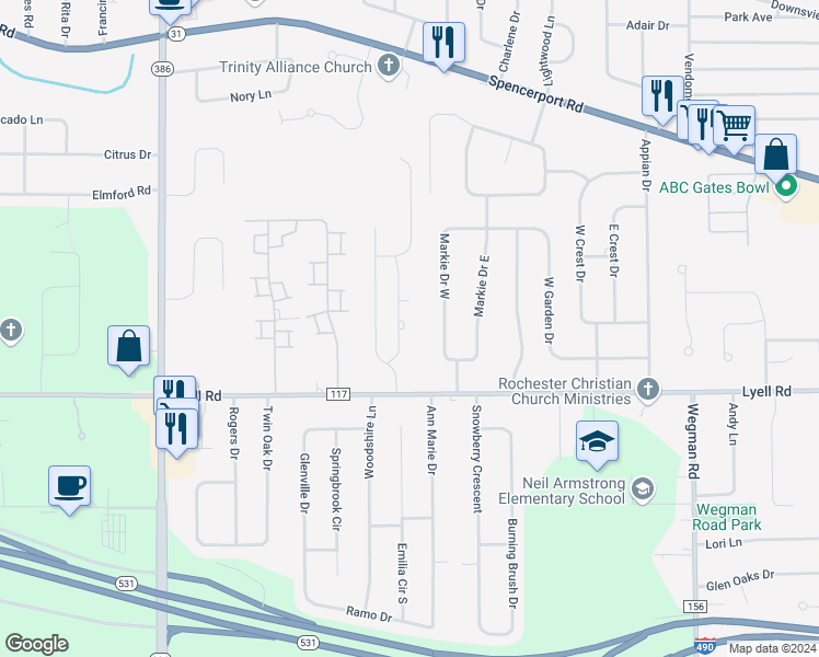 map of restaurants, bars, coffee shops, grocery stores, and more near 121 Green Tree Lane in Gates-North Gates