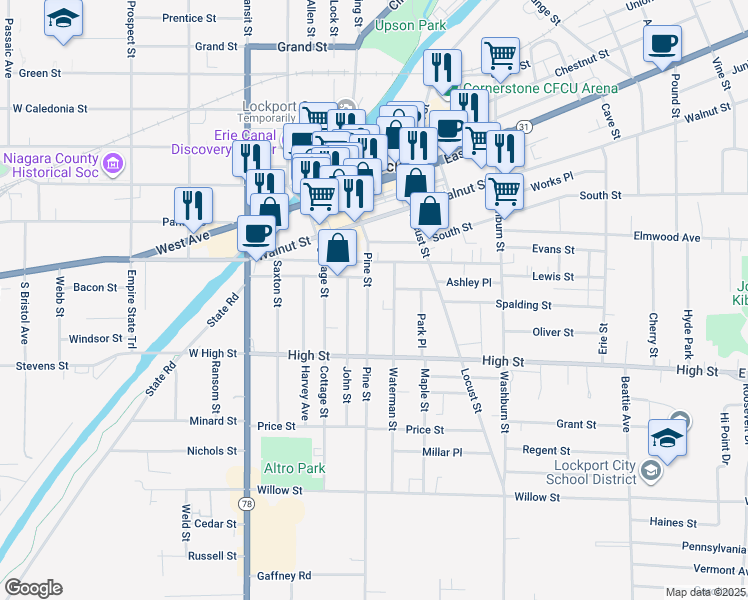 map of restaurants, bars, coffee shops, grocery stores, and more near 130 Pine Street in Lockport