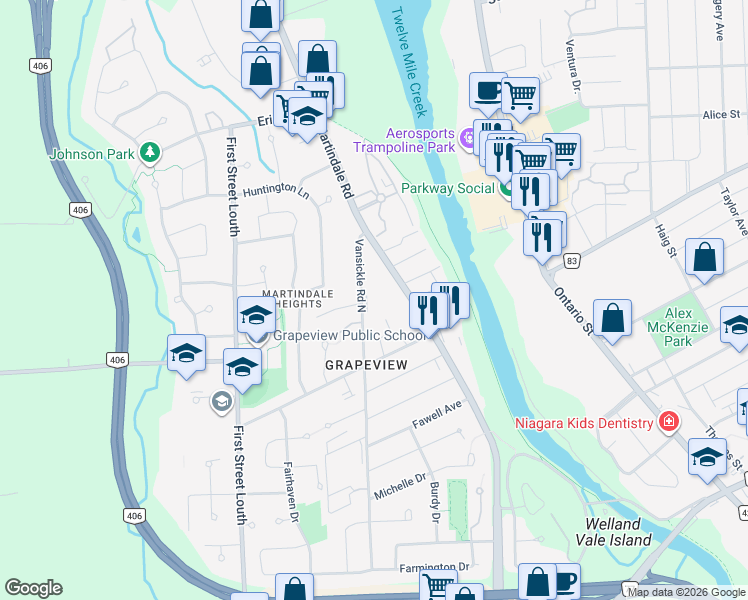 map of restaurants, bars, coffee shops, grocery stores, and more near in St. Catharines