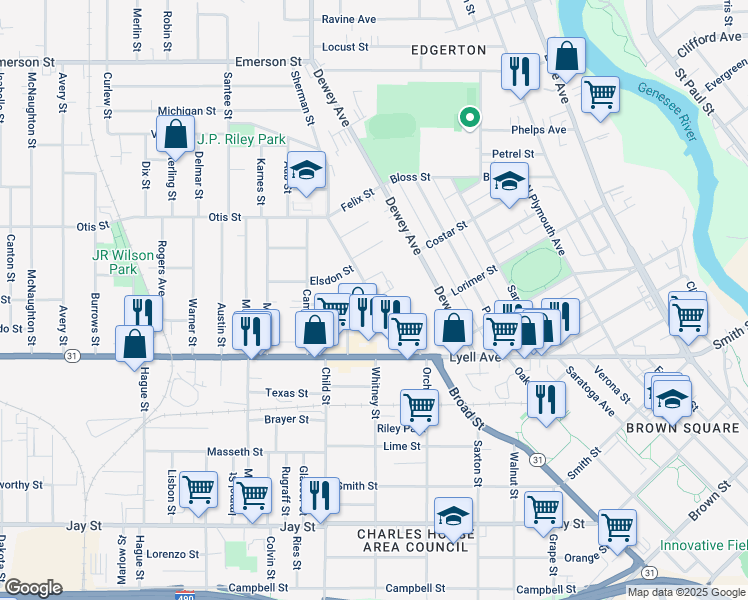map of restaurants, bars, coffee shops, grocery stores, and more near Sherman Street & Saint James Street in Rochester