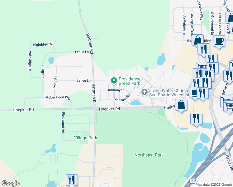 map of restaurants, bars, coffee shops, grocery stores, and more near 3174 Harmony Street in Sun Prairie
