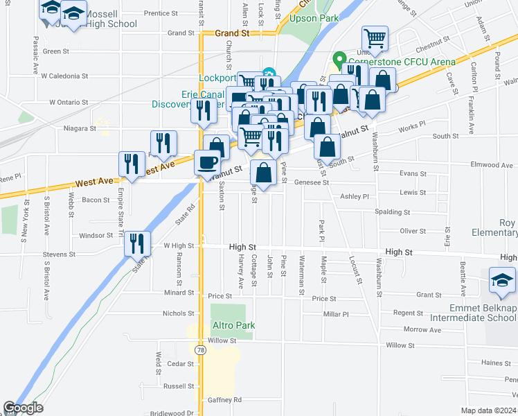map of restaurants, bars, coffee shops, grocery stores, and more near 111 Cottage Street in Lockport