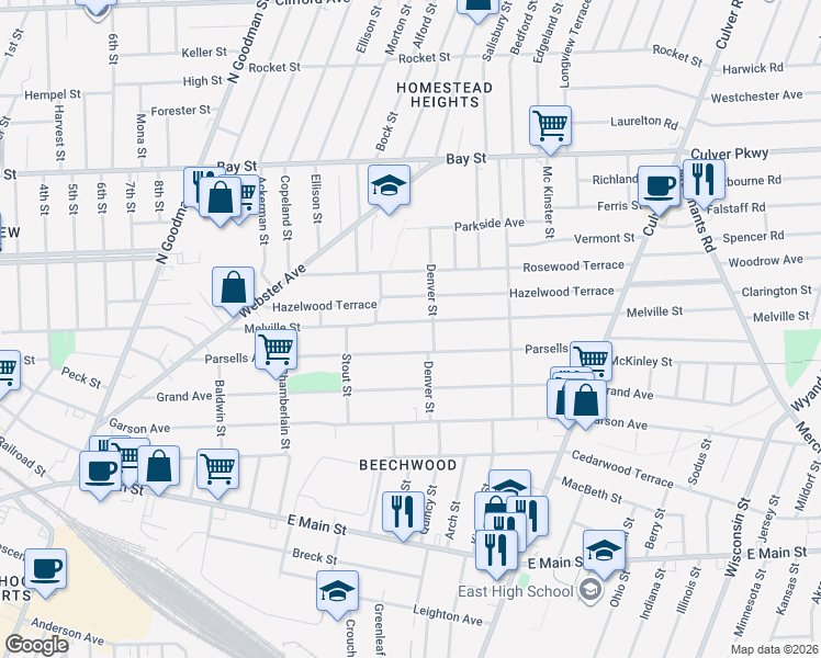 map of restaurants, bars, coffee shops, grocery stores, and more near 189 Hazelwood Terrace in Rochester