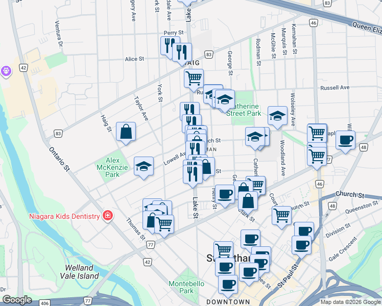 map of restaurants, bars, coffee shops, grocery stores, and more near 134 Lake Street in St. Catharines