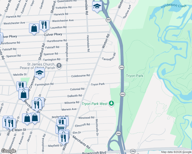 map of restaurants, bars, coffee shops, grocery stores, and more near 278 Colebourne Road in Irondequoit