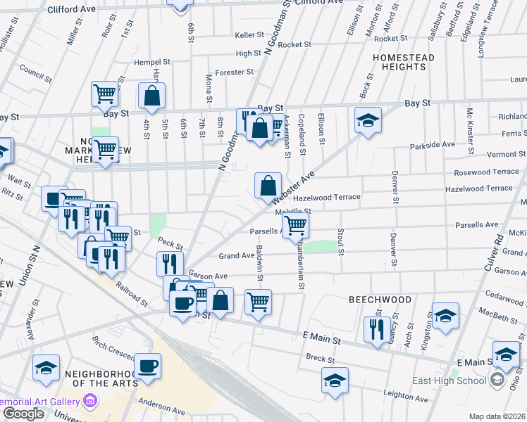 map of restaurants, bars, coffee shops, grocery stores, and more near Webster Ave & Lamont Pl in Rochester