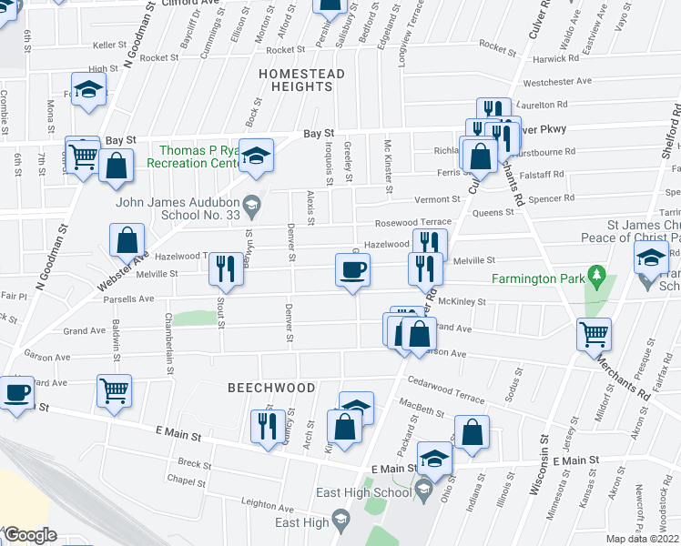 map of restaurants, bars, coffee shops, grocery stores, and more near 342 Melville Street in Rochester