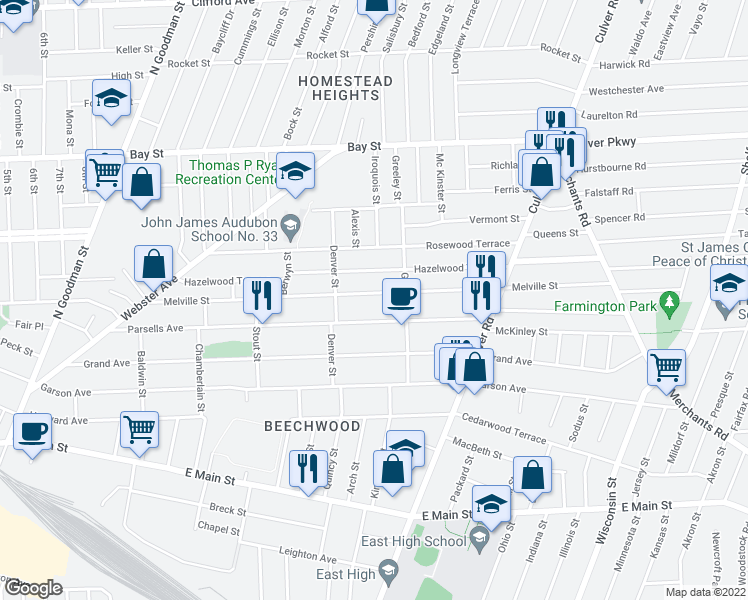 map of restaurants, bars, coffee shops, grocery stores, and more near 342 Melville Street in Rochester