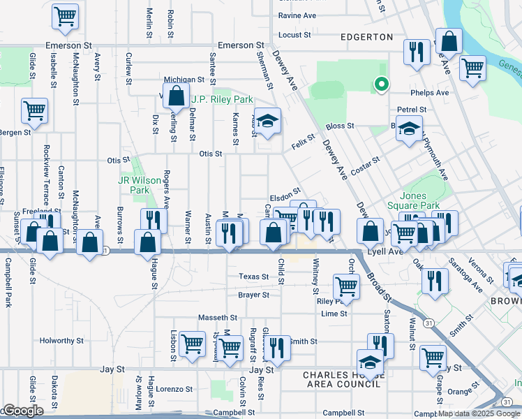 map of restaurants, bars, coffee shops, grocery stores, and more near 115 Cameron Street in Rochester