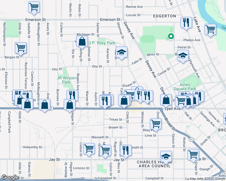 map of restaurants, bars, coffee shops, grocery stores, and more near 107 Myrtle Street in Rochester
