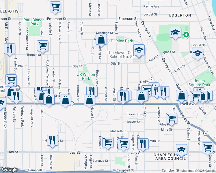 map of restaurants, bars, coffee shops, grocery stores, and more near 112 Warner Street in Rochester