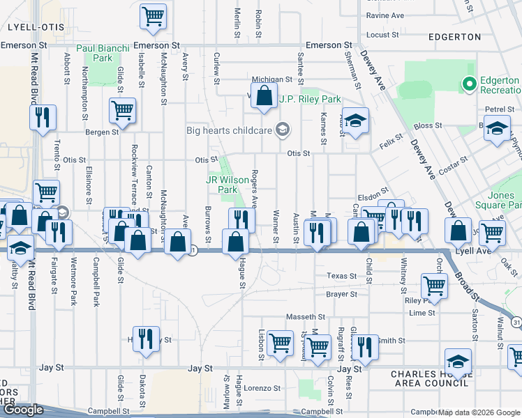 map of restaurants, bars, coffee shops, grocery stores, and more near 21 Rogers Avenue in Rochester