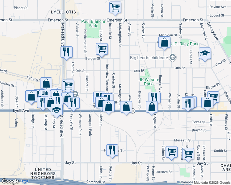 map of restaurants, bars, coffee shops, grocery stores, and more near 70 Canton Street in Rochester
