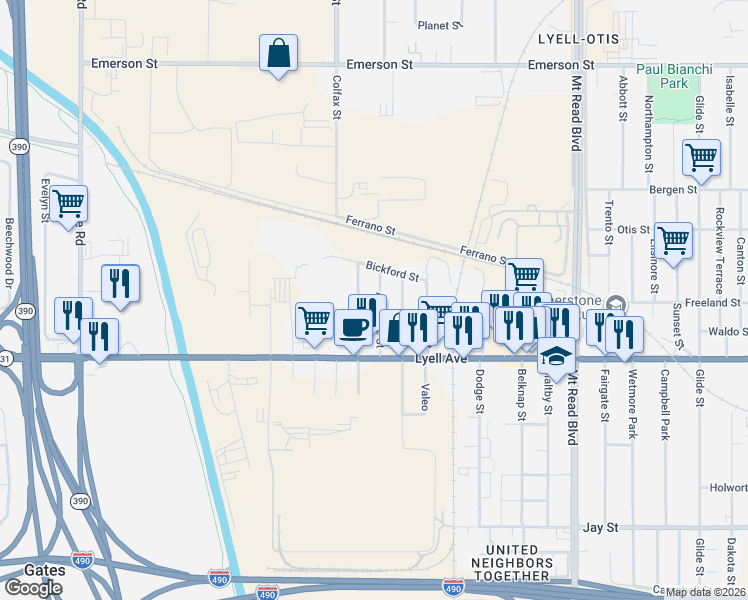 map of restaurants, bars, coffee shops, grocery stores, and more near 458 Adirondack Street in Rochester