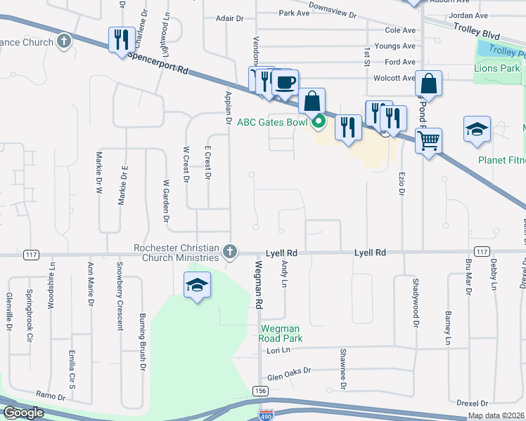 map of restaurants, bars, coffee shops, grocery stores, and more near 43 Winter Hazel Court in Rochester
