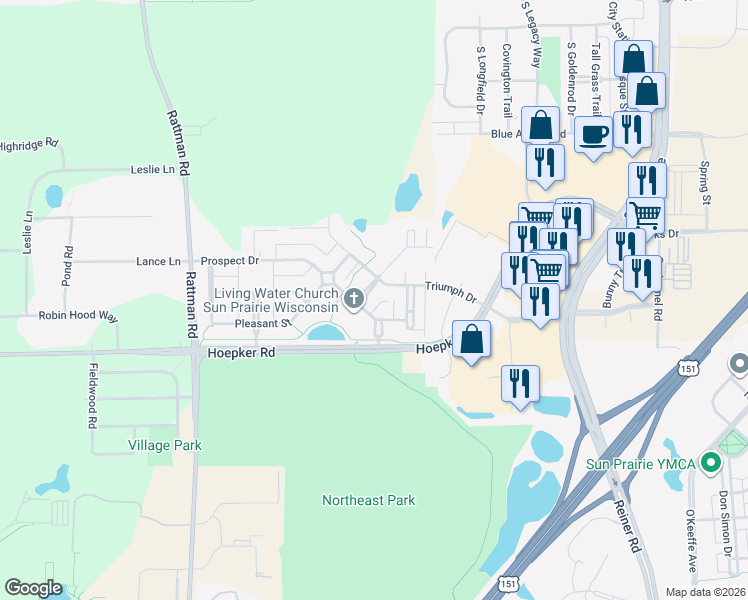 map of restaurants, bars, coffee shops, grocery stores, and more near 3061 Providence Street in Sun Prairie