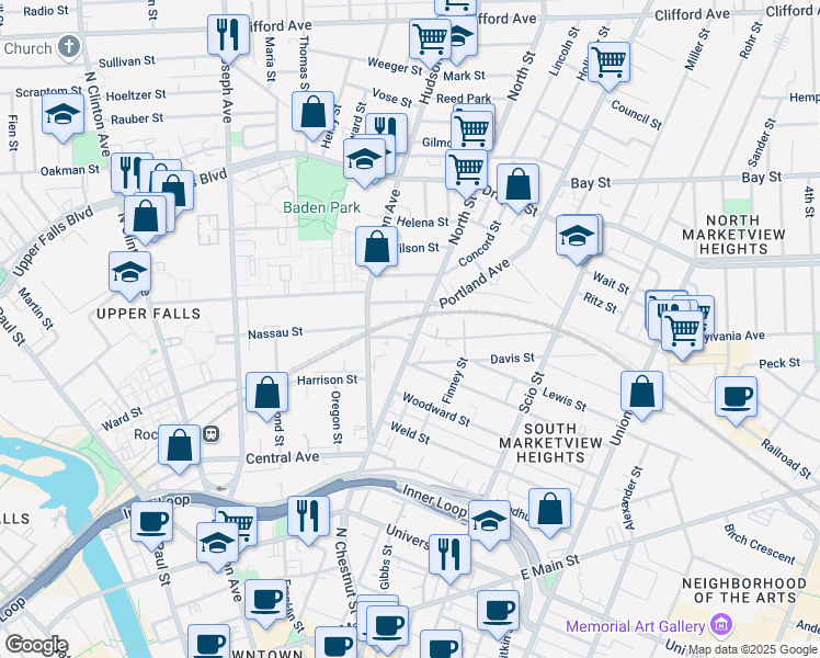 map of restaurants, bars, coffee shops, grocery stores, and more near 180 Hudson Avenue in Rochester