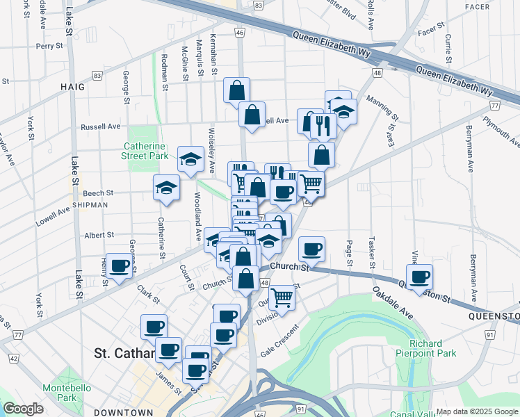map of restaurants, bars, coffee shops, grocery stores, and more near 15 Balfour Street in St. Catharines