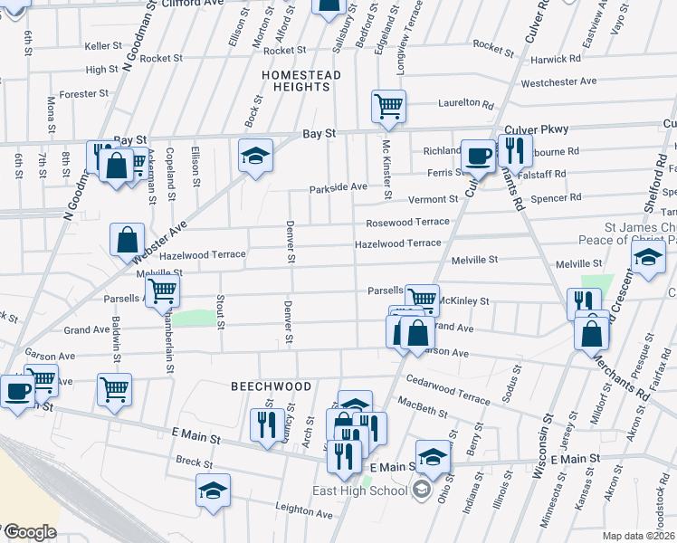 map of restaurants, bars, coffee shops, grocery stores, and more near 342 Melville Street in Rochester