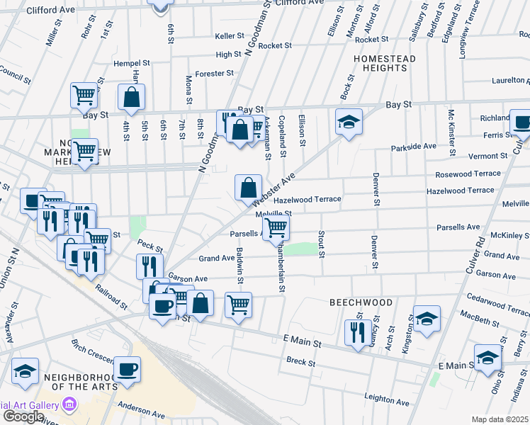 map of restaurants, bars, coffee shops, grocery stores, and more near 52 Melville Street in Rochester