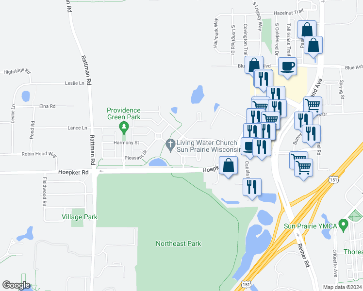 map of restaurants, bars, coffee shops, grocery stores, and more near 3087 Providence Street in Sun Prairie