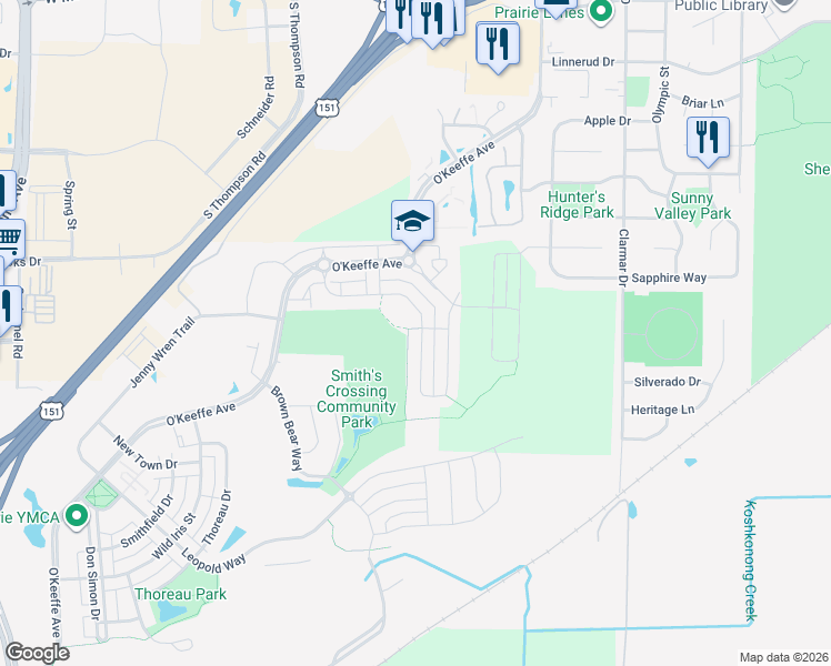 map of restaurants, bars, coffee shops, grocery stores, and more near 1091 O'Keeffe Avenue in Sun Prairie