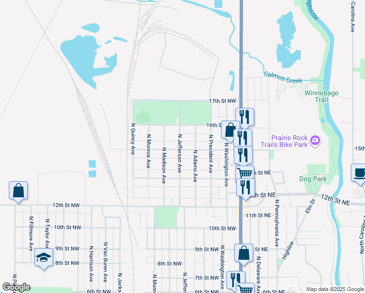 map of restaurants, bars, coffee shops, grocery stores, and more near 226 15th Street Northwest in Mason City