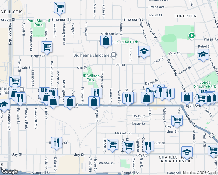map of restaurants, bars, coffee shops, grocery stores, and more near 89 Warner Street in Rochester