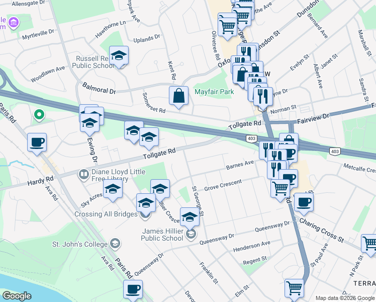 map of restaurants, bars, coffee shops, grocery stores, and more near 72 Tollgate Road in Brantford