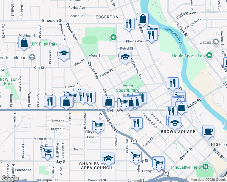 map of restaurants, bars, coffee shops, grocery stores, and more near 120 Parkway in Rochester