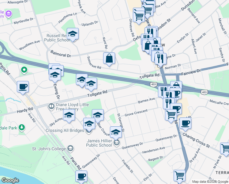 map of restaurants, bars, coffee shops, grocery stores, and more near 75 Tollgate Road in Brantford