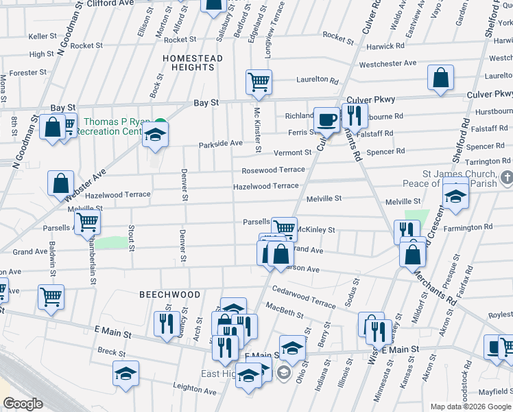 map of restaurants, bars, coffee shops, grocery stores, and more near 454 Melville Street in Rochester