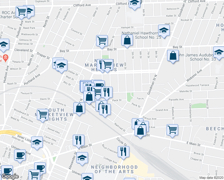 map of restaurants, bars, coffee shops, grocery stores, and more near 27 3rd Street in Rochester