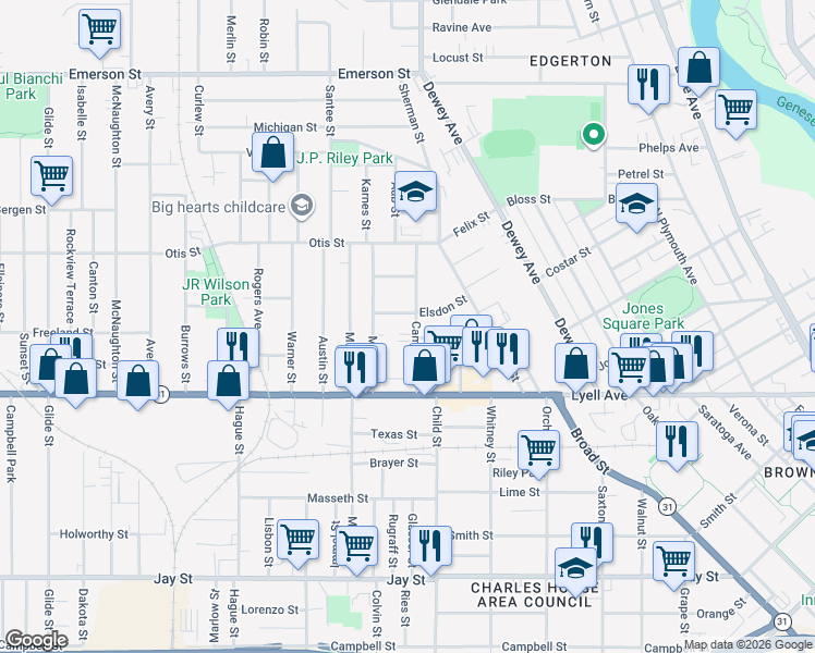 map of restaurants, bars, coffee shops, grocery stores, and more near 115 Cameron Street in Rochester