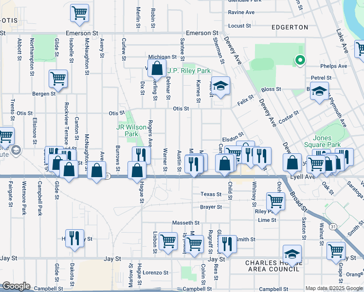 map of restaurants, bars, coffee shops, grocery stores, and more near 38 Austin Street in Rochester