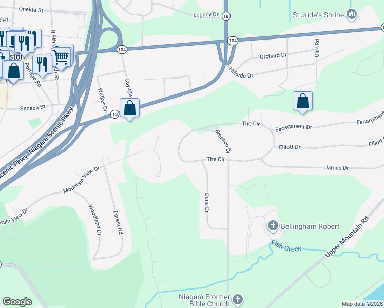 map of restaurants, bars, coffee shops, grocery stores, and more near 723 The Circle in Lewiston