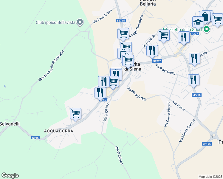 map of restaurants, bars, coffee shops, grocery stores, and more near 23 Via Baldassarre Peruzzi in Torrita di Siena